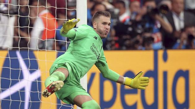 Liverpool's goalkeeper Adrian stops a penalty shot from Chelsea's Tammy Abraham during the UEFA Super Cup soccer match between Liverpool and Chelsea, in Besiktas Park, Thursday, Aug. 15, 2019. (AP Photo)(AP)