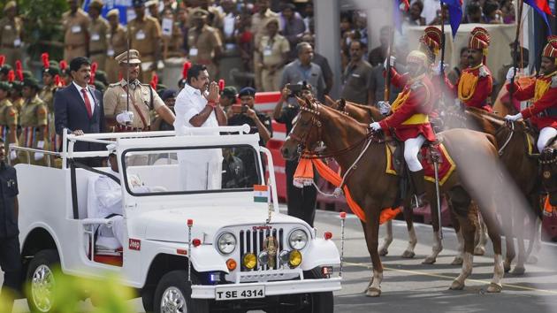 Tamil Nadu Chief Minister Edappadi K. Palaniswami reviews the parade during the 73rd Independence Day celebrations at Fort St. George in Chennai, Thursday, Aug. 15, 2019. (PTI) Tamil Nadu Chief Minister Edappadi K. Palaniswami reviews the parade during the 73rd Independence Day celebrations at Fort St. George in Chennai, Thursday, Aug. 15, 2019. (PTI)