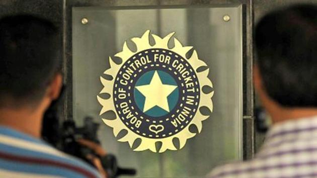 A view of logo of the Board of Control for Cricket in India at BCCI headquarters in Mumbai.(Hindustan Times via Getty Images)