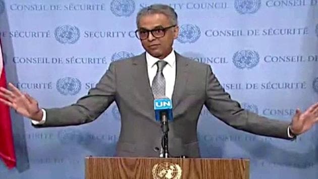 Indian Envoy to UN Syed Akbaruddin speaking on the Kashmir situation at UNSC in New York on Friday.(ANI photo)