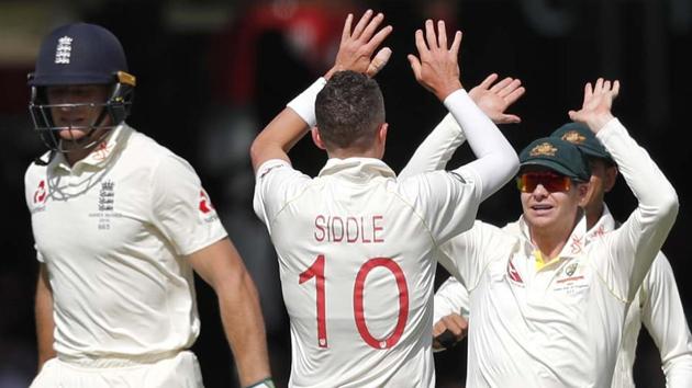 Australian players celebrate the dismissal of Jos Buttler on the second day of second Ashes Test. (AP) Australian players celebrate the dismissal of Jos Buttler on the second day of second Ashes Test. (AP)