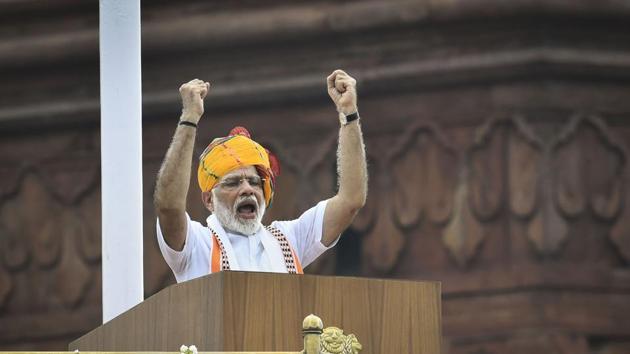 Prime Minister Narendra Modi addresses the nation from the ramparts of the historic Red Fort on the occasion of 73rd Independence Day. PM Modi begins his two-day visit to Bhutan today.(Photo: PTI)