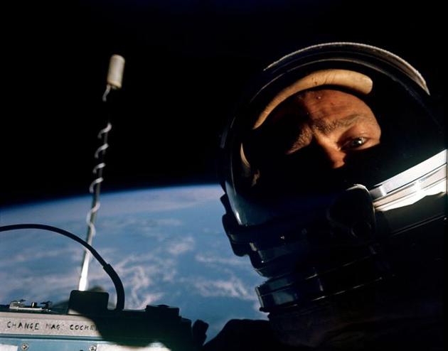 Buzz Aldrin takes a selfie in orbit, during extra-vehicular space activity, in 1966.(Wikimedia Commons)