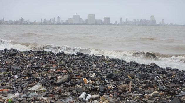 Huge amounts of unidentified rocky debris was found along the isolated stretches of Girgaum Chowpatty.(HT photo)