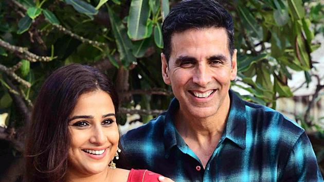 Akshay Kumar and Vidya Balan during the media interaction of their film Mission Mangal in Mumbai on Friday.(ANI)