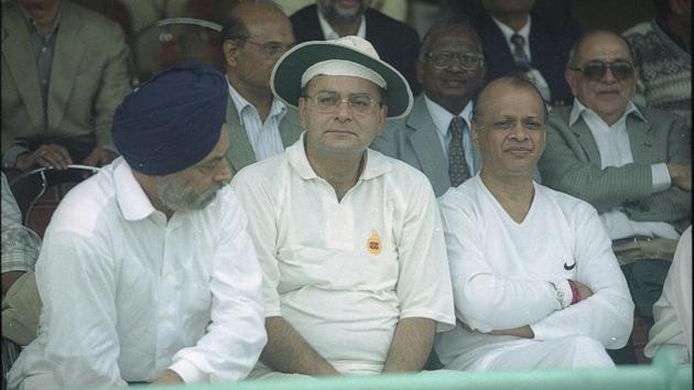 Jaitley during a cricket match in 2002. A facet of his life, overshadowed by his presence in the public eye as a politician and parliamentarian was his keen interest in cricket. Jaitley served as the president of the Delhi and District Cricket Association from 1999-2013. (Raj K Raj / HT Archive)