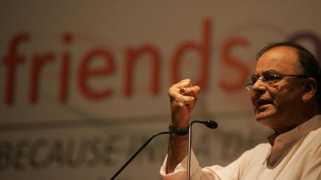 Arun Jaitley was known for his oratory skills, using his speeches to spread the vision of the Bharatiya Janata Party. He is seen here addressing the launch of ‘Friends of BJP’, formed to galvanise the youth and professionals, in 2009. The same year, Jaitley became the vice-president of the Board of Control for Cricket in India (BCCI). (Kunal Patil / HT Archive)