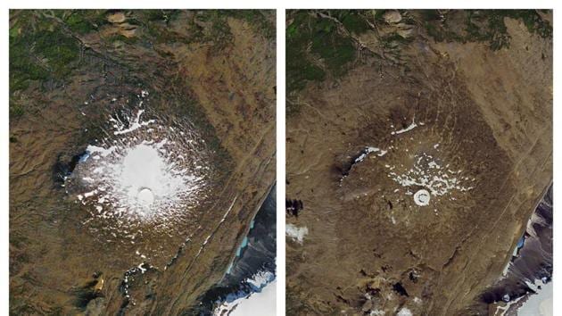 This combination of Sept. 14, 1986, left, and Aug. 1, 2019 photos provided by NASA shows the shrinking of the Okjokull glacier on the Ok volcano in west-central Iceland. (AP) This combination of Sept. 14, 1986, left, and Aug. 1, 2019 photos provided by NASA shows the shrinking of the Okjokull glacier on the Ok volcano in west-central Iceland. (AP)