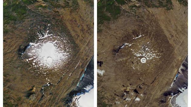 This combination of Sept. 14, 1986, left, and Aug. 1, 2019 photos provided by NASA shows the shrinking of the Okjokull glacier on the Ok volcano in west-central Iceland.(AP photo) This combination of Sept. 14, 1986, left, and Aug. 1, 2019 photos provided by NASA shows the shrinking of the Okjokull glacier on the Ok volcano in west-central Iceland.(AP photo)