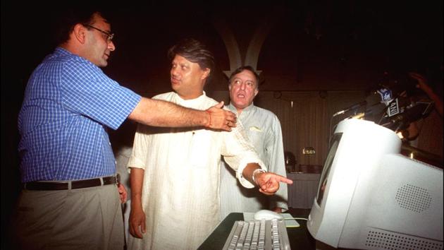 Jaitley as MoS Information and Broadcasting is seen with MP and former president of BCCI Madhav Rao Scindia and chairman of go4cricket.com MAK Pataudi during the launch of the latter’s website. After the Atal Bihari Vajpayee-led NDA came to power, Jaitley was given charge of a number of ministries, taking on various roles till the time the government remained in power. (Ajay Aggarwal / HT Archive)