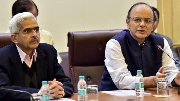 Finance Minister Arun Jaitley with Economic Affairs Secretary Shaktikanta Das addresses the meeting of Insolvency and Bankruptcy Board of India in November, 2016. During Jaitley’s tenure as finance minister, the government implemented crucial economic decisions such as the Goods and Services Tax and the Insolvency and Bankruptcy Code. The government also merged the railway budget with the general budget. (Kamal Kishore / PTI File)