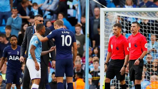 Manchester City v Tottenham Hotspur - Etihad Stadium, Manchester, Britain - August 17, 2019 Manchester City's Gabriel Jesus remonstrates with referee Michael Oliver after the match as Tottenham Hotspur's Harry Kane looks on(REUTERS)