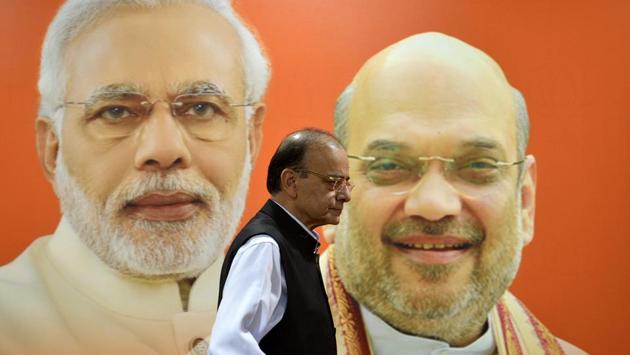 Arun Jaitley arrives for a press conference in March 29. In the last few months, his frame looked shrunken owing to his deteriorating health. Jaitley was admitted into AIIMS’ intensive care unit (ICU) and was treated by a multi-disciplinary team of doctors after he complained of uneasiness; he was put on life-support system after his condition deteriorated. (Biplov Bhuyan / HT Archive)