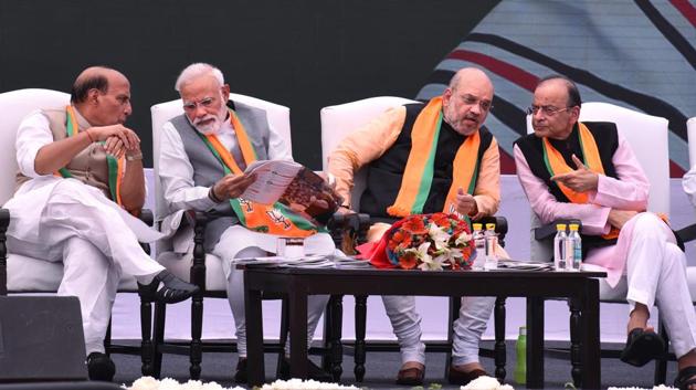 Jaitley is seen with Prime Minister Narendra Modi, BJP president Amit Shah and Home Minister Rajnath Singh after the release of BJP’s manifesto (Sankalp Patra) for the 2019 Lok Sabha elections. Even as the BJP won the elections with a larger margin than 2014, Jaitley refused to take up any key portfolios owing to his health issues. (Arvind Yadav / HT Archive)