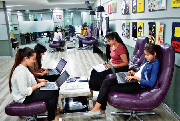 The Gowork office, at Plot 108, Udyog Vihar phase 1, in Gurugram. The city has emerged as a hub of co-working spaces and these collaborative spaces are helping professionals finally achieve the elusive work-life balance.(Yogendra Kumar / HT Photo)