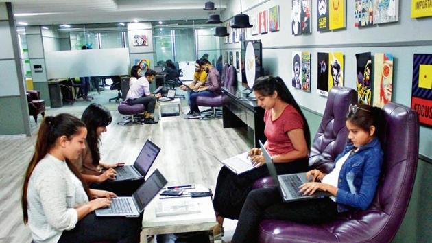 The Gowork office, at Plot 108, Udyog Vihar phase 1, in Gurugram. The city has emerged as a hub of co-working spaces and these collaborative spaces are helping professionals finally achieve the elusive work-life balance.(Yogendra Kumar / HT Photo)