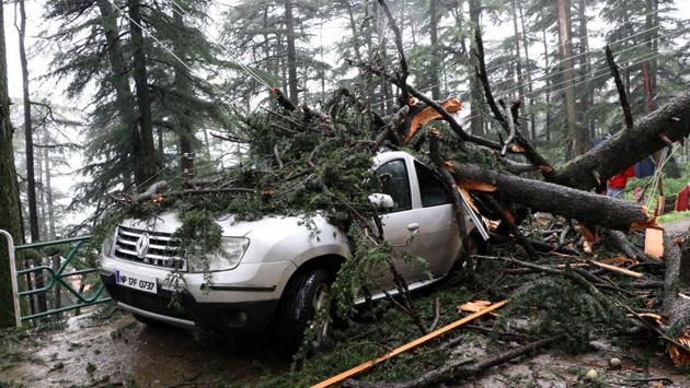 A tree uprooted due to heavy rain fell down and damaged a parked car at Fagli, in Shimla. Traffic movement on the highway was hampered at Taradevi Chharabra and Fagu. Also, a bridge near Kullu town was washed away due to flashfloods. (Deepak Sansta / HT Photo) A tree uprooted due to heavy rain fell down and damaged a parked car at Fagli, in Shimla. Traffic movement on the highway was hampered at Taradevi Chharabra and Fagu. Also, a bridge near Kullu town was washed away due to flashfloods. (Deepak Sansta / HT Photo)