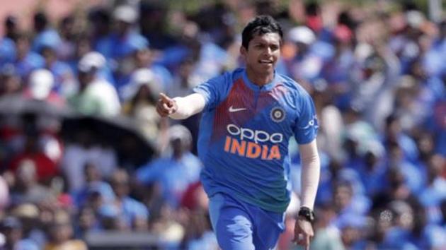 India's Navdeep Saini celebrates after taking the wicket of Shimron Hetmyer during the first T20I against West Indies. (AP) India's Navdeep Saini celebrates after taking the wicket of Shimron Hetmyer during the first T20I against West Indies. (AP)