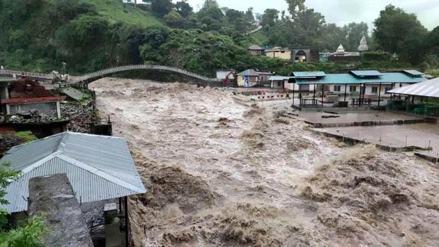 A view of Baner Khad river at Chamunda in Kangra district. Meanwhile, the state received the highest ever rainfall in 24 hours, since records were kept almost 70 years ago, the IMD said in a statement. The last time highest rainfall in 24 hours was recorded in 2011. Shimla Meteorological Department director, Manmohan Singh, said, “Himachal received 102.5 mm of rain on August 18 which is 1,065% than normal, breaking the record of 74mm rain which the state witnessed in August 14, 2011.” (HT Photo) A view of Baner Khad river at Chamunda in Kangra district. Meanwhile, the state received the highest ever rainfall in 24 hours, since records were kept almost 70 years ago, the IMD said in a statement. The last time highest rainfall in 24 hours was recorded in 2011. Shimla Meteorological Department director, Manmohan Singh, said, “Himachal received 102.5 mm of rain on August 18 which is 1,065% than normal, breaking the record of 74mm rain which the state witnessed in August 14, 2011.” (HT Photo)