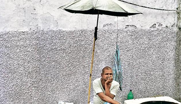 The umbrella is strung high on a bamboo pole—which itself is perched on a platform of thick rocks. (HT Photo) The umbrella is strung high on a bamboo pole—which itself is perched on a platform of thick rocks. (HT Photo)