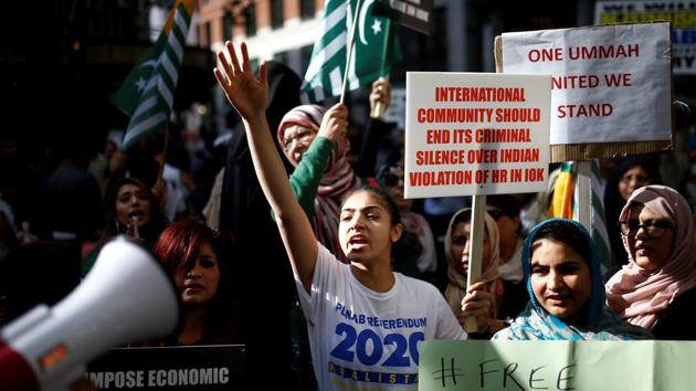 Demonstrators protest against the scrapping of the special constitutional status in Kashmir outside the Indian High Commission in London. (REUTERS) Demonstrators protest against the scrapping of the special constitutional status in Kashmir outside the Indian High Commission in London. (REUTERS)