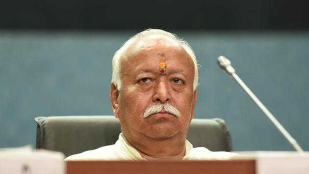 RSS chief Mohan Bhagwat during a summit on Shiksha Mein Bhartiyeta (Indian Nationalism in Edication) at Pusa Institute in New Delhi, India, on Saturday, August 17, 2019.(Raj K Raj/HT PHOTO)