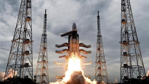 This July 22, 2019, photo released by the ISRO shows its Geosynchronous Satellite launch Vehicle (GSLV) MkIII carrying Chandrayaan-2 lift off from Sriharikota, India.(AP)