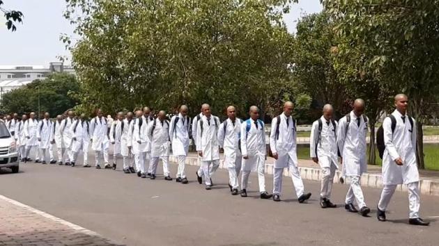 The students were paraded through the campus with the instructions to give “farshi salaam.” (HT) The students were paraded through the campus with the instructions to give “farshi salaam.” (HT)