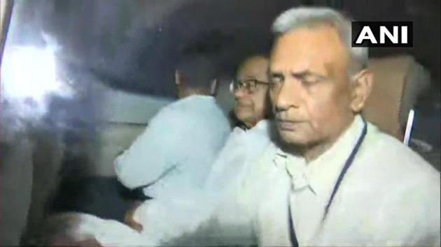 P Chidambaram inside a car on his way to CBI office with CBI officials on Wednesday night (ANI) P Chidambaram inside a car on his way to CBI office with CBI officials on Wednesday night (ANI)