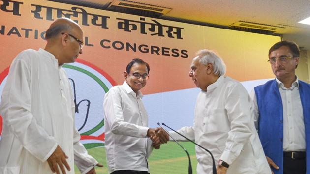 Congress leader P Chidambaram during a press conference with party leaders Kapil Sibal and Abhishek Singhvi at AICC HQ, in New Delhi, Wednesday, Aug 21, 2019. The Delhi High Court on Tuesday refused to grant any protection from arrest to Chidambaram in the INX media case.(Photo: PTI)