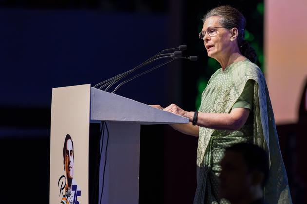 New Congress President Sonia Gandhi speaks during the 75th birth anniversary celebrations of former prime minister Rajiv Gandhi, at KD Jadhav Indoor Stadium in New Delhi.(Photo:PTI) New Congress President Sonia Gandhi speaks during the 75th birth anniversary celebrations of former prime minister Rajiv Gandhi, at KD Jadhav Indoor Stadium in New Delhi.(Photo:PTI)