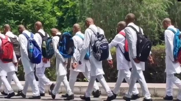 The photos of the alleged ragging went viral on social media prompting the university administration to order a probe. (ANI/Twitter) The photos of the alleged ragging went viral on social media prompting the university administration to order a probe. (ANI/Twitter)