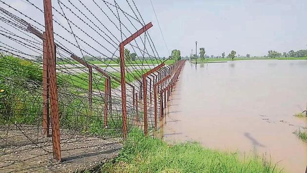 An inundated stretch along the fence on the Indo-Pakistan border in Ferozepur(HT PHOTO)