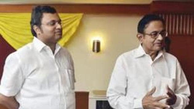 In this file photo dated Oct 31, 2014, is seen former finance minister P Chidambaram with his son Karti P Chidambaram during a press conference in Chennai. (Photo: PTI) In this file photo dated Oct 31, 2014, is seen former finance minister P Chidambaram with his son Karti P Chidambaram during a press conference in Chennai. (Photo: PTI)