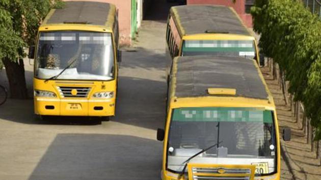 A school bus of a private school, ferrying at least 20 students, was allegedly hit by a dumper truck (Virendra Singh Gosain/HT PHOTO) A school bus of a private school, ferrying at least 20 students, was allegedly hit by a dumper truck (Virendra Singh Gosain/HT PHOTO)