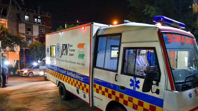 An ambulance carries the Unnao rape survivor to the AIIMS trauma centre for treatments after she was airlifted from Lucknow. (PTI)