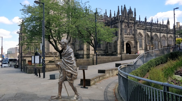 Artist’s impression of Gandhi’s statue in Manchester’s iconic Medieval Quarter.(HT photo)