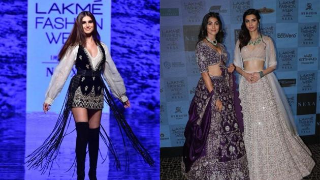 Tara Sutaria, Pooja Hegde and Diana Penty at Lakme Fashion Week.(Varinder Chawla)