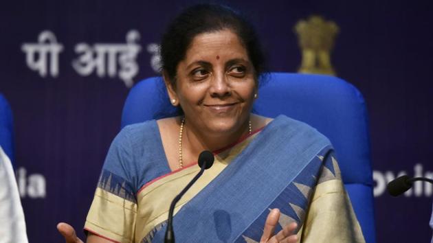 Finance Minister Nirmala Sitharaman addresses a press conference announcing a slew of economic measures to boost growth, at National Media Centre in New Delhi, India, on Friday, August 23, 2019.(Mohd Zakir/HT PHOTO)