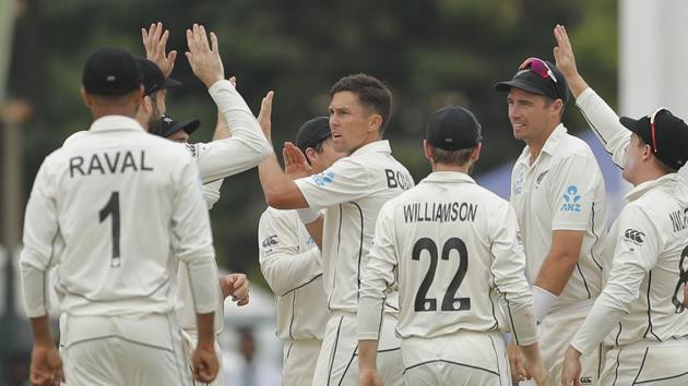 New Zealand's Trent Boult, center, celebrates the dismissal of Sri Lanka's Kusal Perera. (AP) New Zealand's Trent Boult, center, celebrates the dismissal of Sri Lanka's Kusal Perera. (AP)