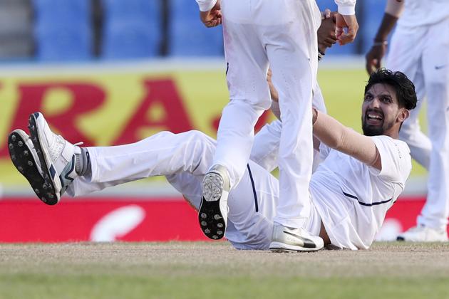 India's bowler Ishant Sharma celebrates after taking a return catch to dismiss West Indies' Shimron Hetmyer. (AP) India's bowler Ishant Sharma celebrates after taking a return catch to dismiss West Indies' Shimron Hetmyer. (AP)