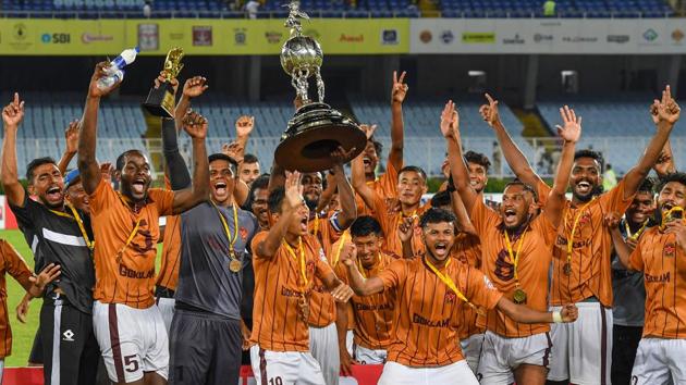 Gokulam Keala FC players celebrate after their win in the final match against Mohun Bagan during Durand Cup final match. (PTI) Gokulam Keala FC players celebrate after their win in the final match against Mohun Bagan during Durand Cup final match. (PTI)
