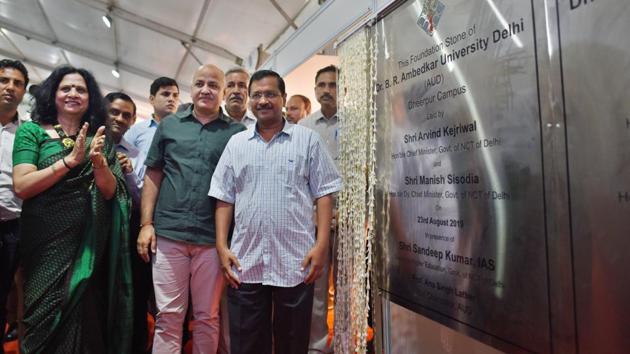 Chief Minister of Delhi Arvind Kejriwal and Deputy Chief Minister Manish Sisodia during the foundation stone laying ceremony for Dr. BR Ambedkar University, at Dheerpur village, in New Delhi, India, on Friday, August 23, 2019. (Sanchit Khanna/HT PHOTO) Chief Minister of Delhi Arvind Kejriwal and Deputy Chief Minister Manish Sisodia during the foundation stone laying ceremony for Dr. BR Ambedkar University, at Dheerpur village, in New Delhi, India, on Friday, August 23, 2019. (Sanchit Khanna/HT PHOTO)
