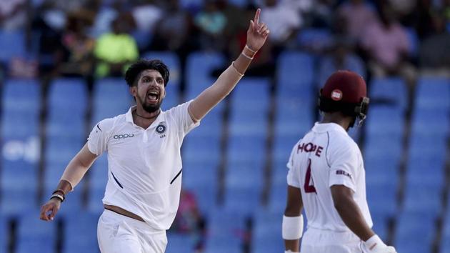 India's Ishant Sharma celebrates taking the wicket of West Indies' Shai Hope during day two of the first Test cricket match at the Sir Vivian Richards cricket ground in North Sound, Antigua and Barbuda, Friday, Aug. 23, 2019.(AP)