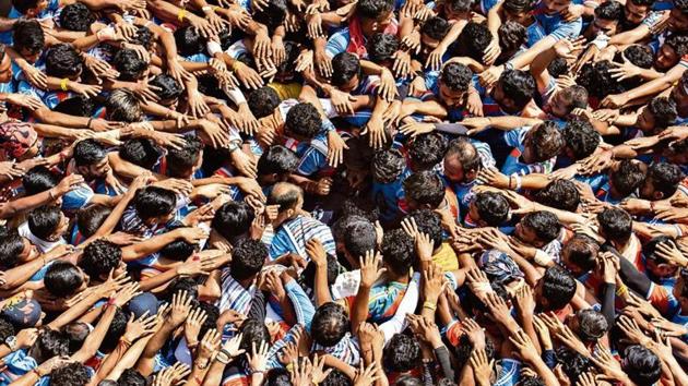 Govinda revellers celebrate Dahi Handi, a team sport during the Hindu festival Gokulashtami at Dadar West, in Mumbai (Aalok Soni/Hindustan Times) Govinda revellers celebrate Dahi Handi, a team sport during the Hindu festival Gokulashtami at Dadar West, in Mumbai (Aalok Soni/Hindustan Times)
