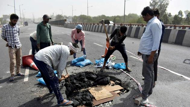 The damaged portion of the Hero Honda Chowk flyover, on the Jaipur to Delhi side, will remain closed for over a month, in order to carry out repair work on the spot from where chunks of concrete had fallen, leaving a hole in the surface of the road. The damaged portion of the Hero Honda Chowk flyover, on the Jaipur to Delhi side, will remain closed for over a month, in order to carry out repair work on the spot from where chunks of concrete had fallen, leaving a hole in the surface of the road.
