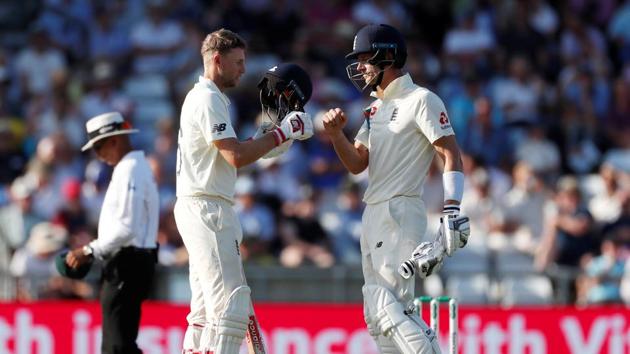 England's Joe Denly celebrates reaching his half century with Joe Root. (Action Images via Reuters) England's Joe Denly celebrates reaching his half century with Joe Root. (Action Images via Reuters)