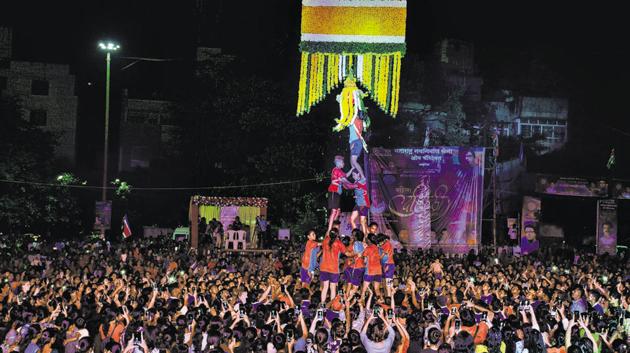 An all-women’s team forms a human pyramid to break the Dahi Handi during last year's celebrations. 