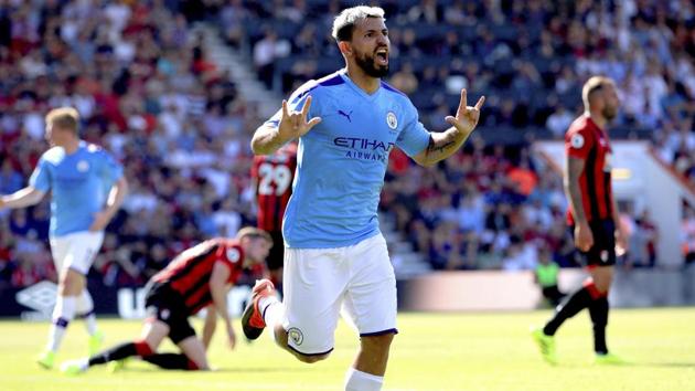 First half efforts from Aguero and Raheem Sterling ensured Pep Guardiola’s side led at the interval despite a stunning free-kick reply from Bournemouth’s Harry Wilson.(AP)