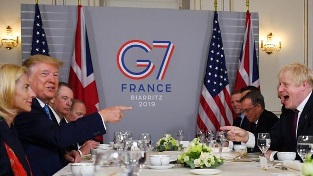 US President Donald Trump and Britain's Prime Minister Boris Johnson hold a bilateral meeting during the G7 summit in Biarritz, France, August 25, 2019.(REUTERS)